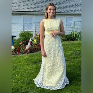 Vintage Pale Yellow Lace Maxi Dress with White Lace Overlay